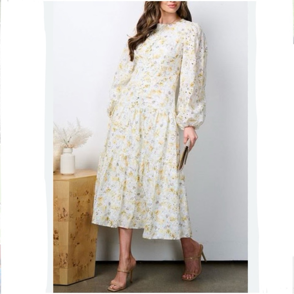 Just Me Cream Floral Midi Dress with Yellow and Light Blue Accents
